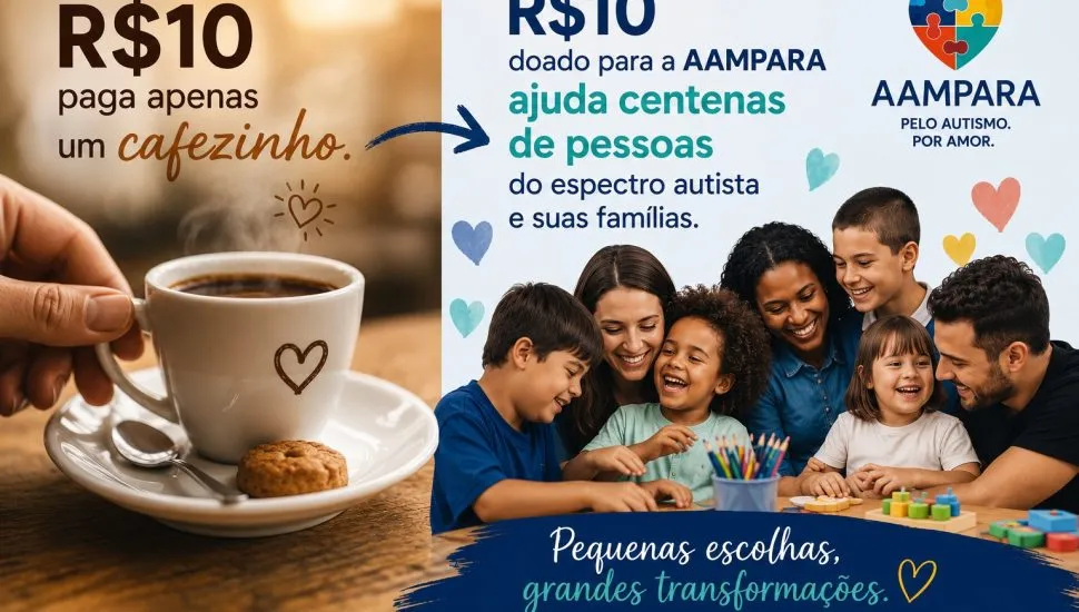 Imagem do preço de um café de 10 reais, apontando para a ong AAMPARA, que também com 10 reais você pode ajuda-la.