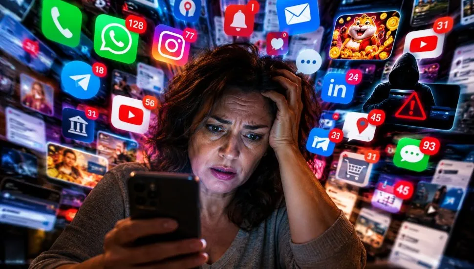 Mulher com celular na mão, com cabelo bagunçado e expressão de cansaço