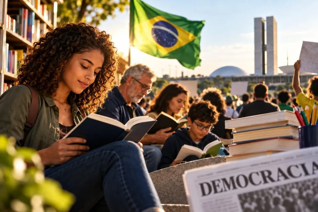 Mulher lendo em meio a outras pessoas, e um jornal escrito democracia