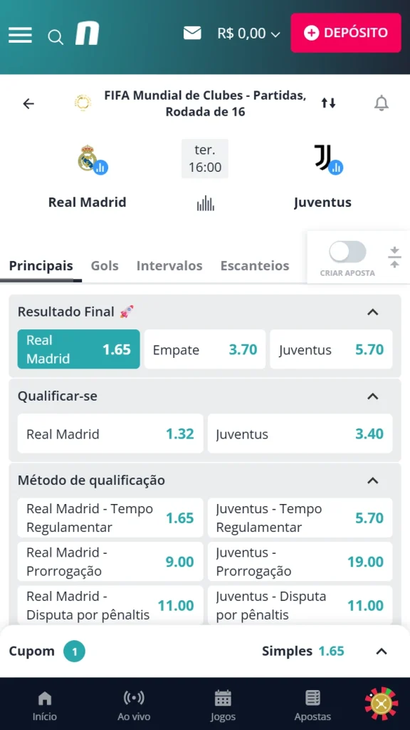 Tela de escolha de mercados no app Novibet, com destaque para Real Madrid no mercado de Resultado Final