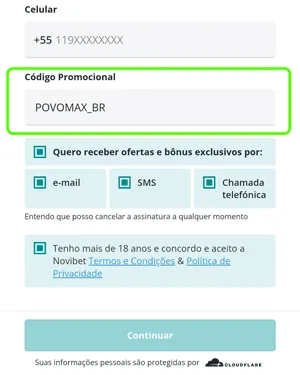 Formulário de cadastro na Novibet com o código promocional válido hoje