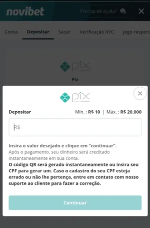 Interface de depósito da Novibet