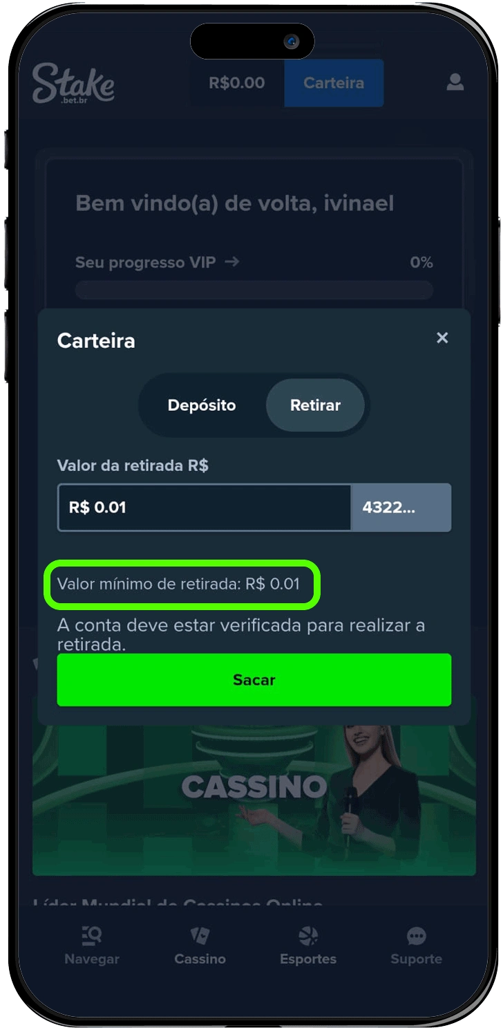 Fazendo saque de 1 centavo na Stake