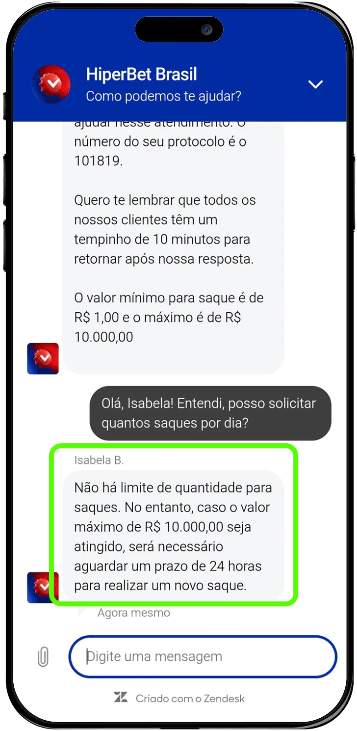 Chat ao vivo da HiperBet informando o saque máximo