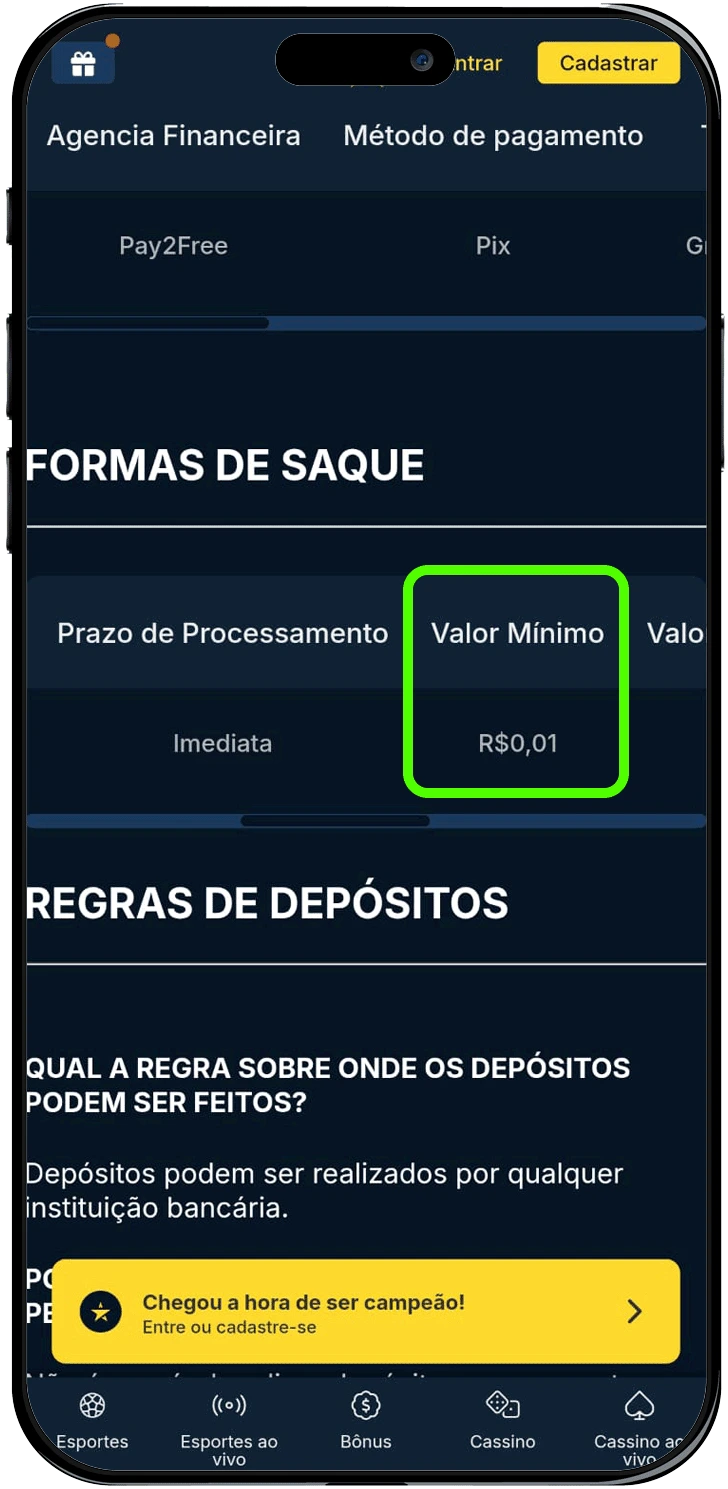 Termos e Condições da Estrelabet informando o valor do saque mínimo
