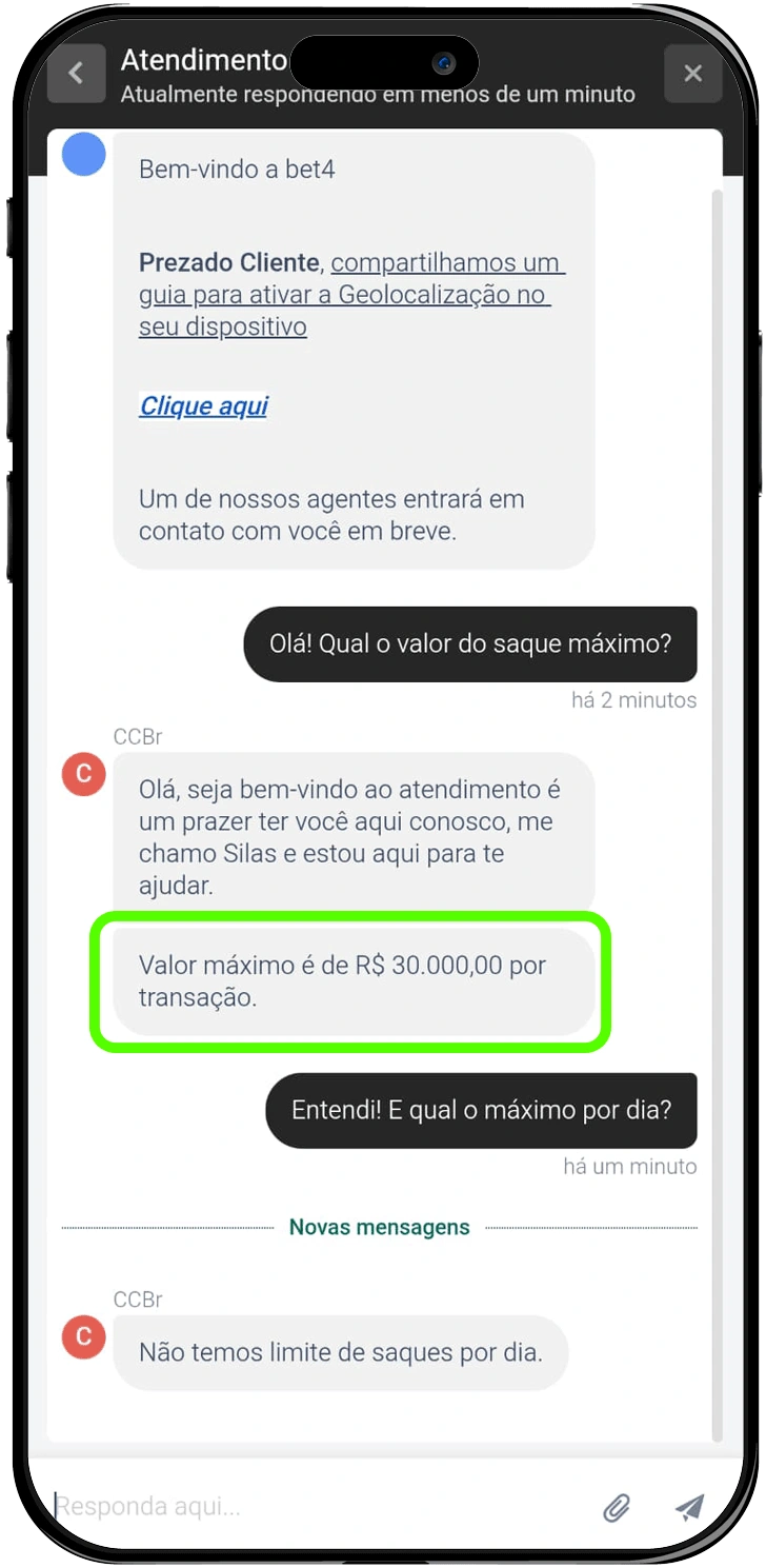 Chat ao vivo da BR4bet informando o saque máximo