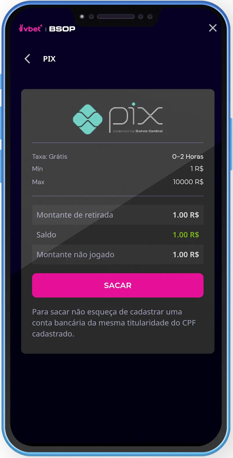 Página de saque da Vbet com limite mínimo de R$1