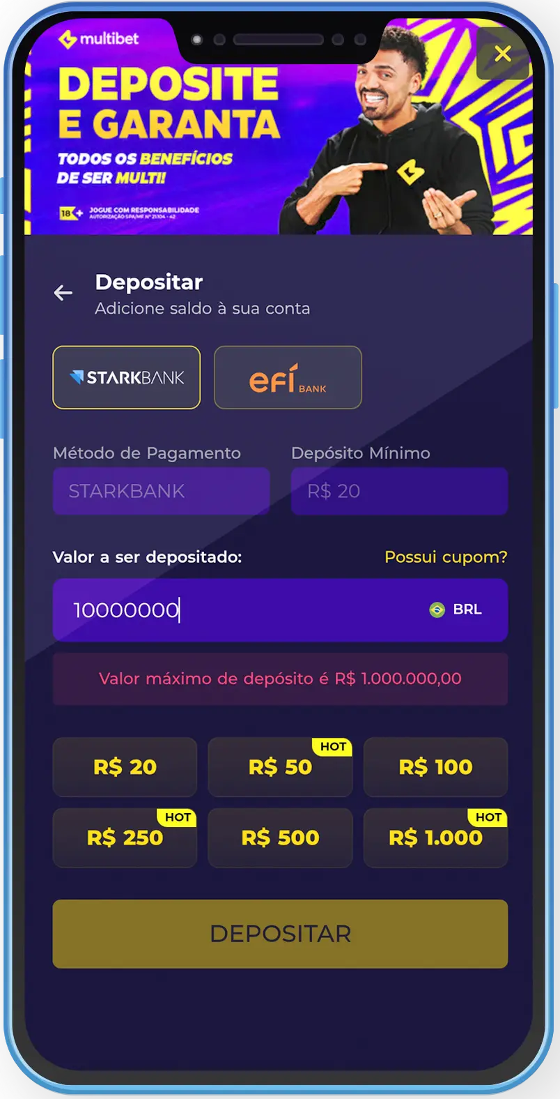 Página de depósito na Multibet com limite de até R$1 milhão