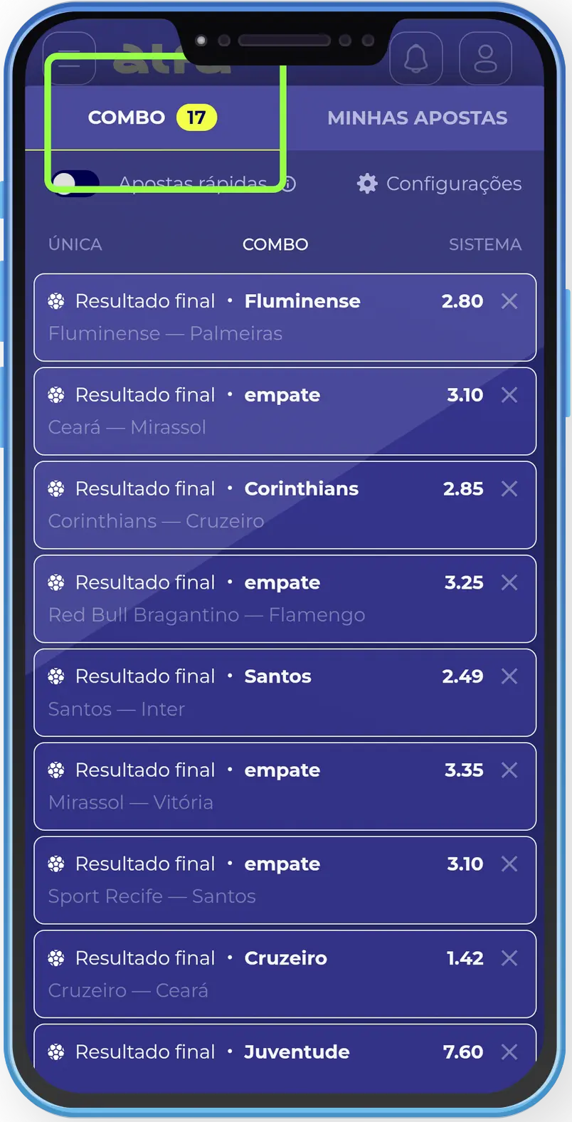 Bilhete de aposta múltipla na Alfabet com várias seleções