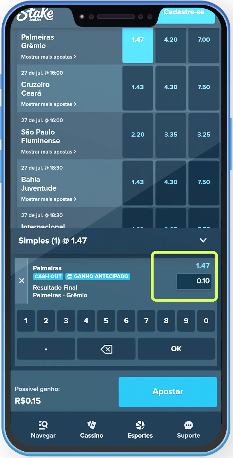 Interface de apostas na Stake com aposta mínima no bilhete