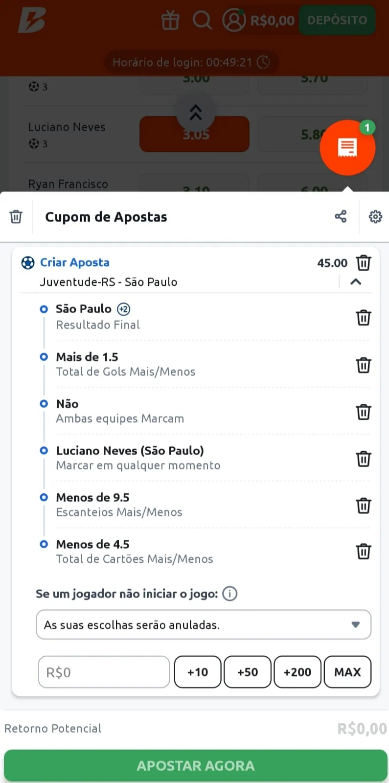 Bet Builder com 6 seleções na Betano