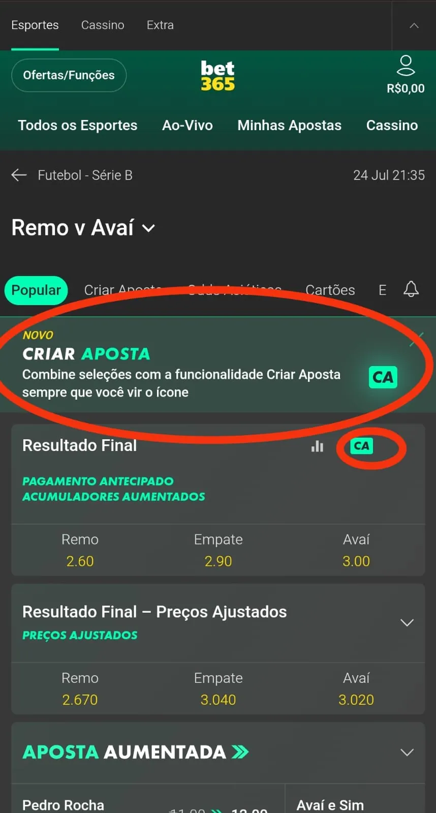 Criar Aposta (CA) em mercados compatíveis na bet365