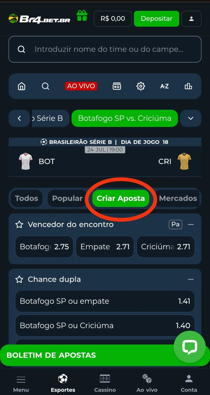 Evento com Criar Aposta selecionado na BR4bet