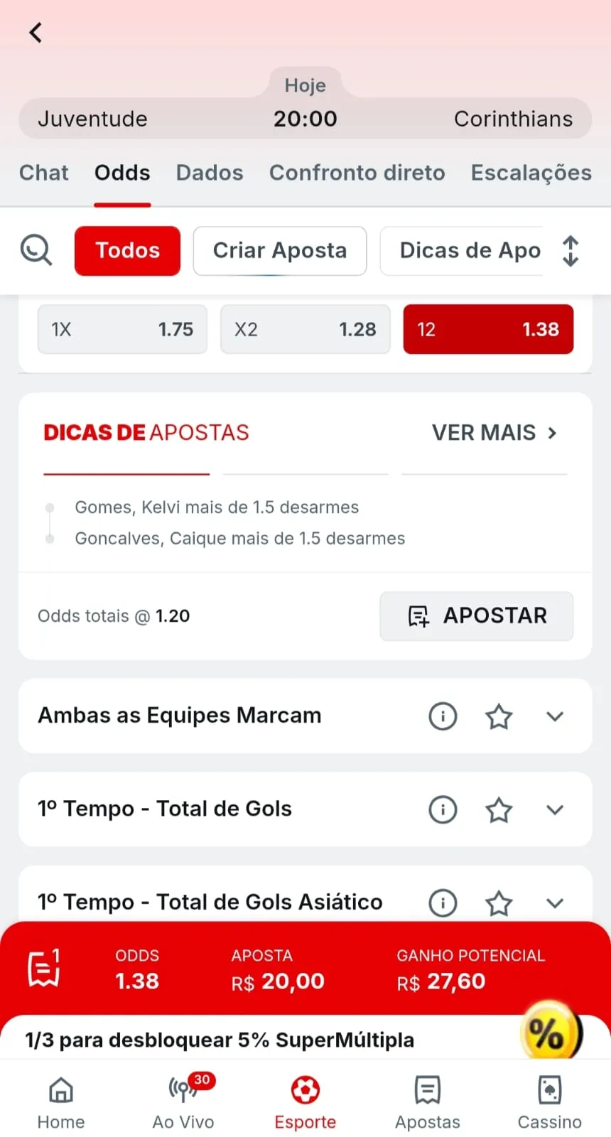 Chance Dupla Superbet para Juventude x Corinthians