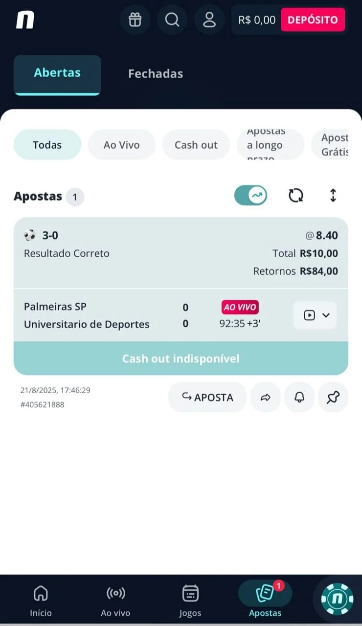 Bilhete de aposta na Novibet com cash out já indisponível