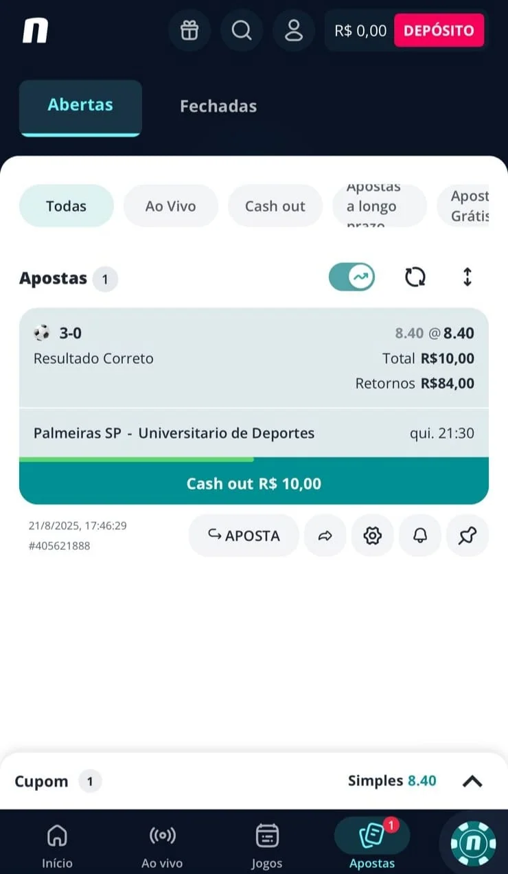 Bilhete de aposta na Novibet com valor de retorno do cash out