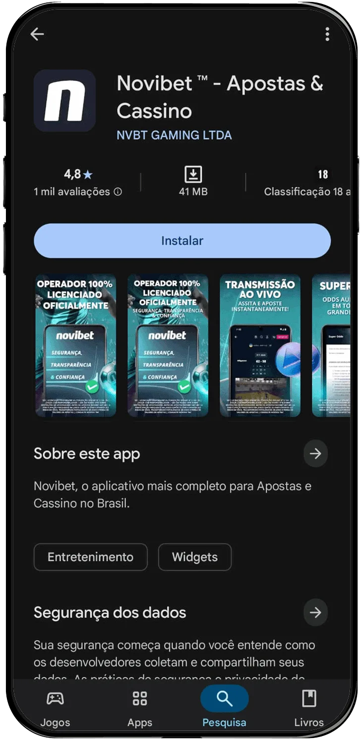 Página do app da Novibet na Play Store