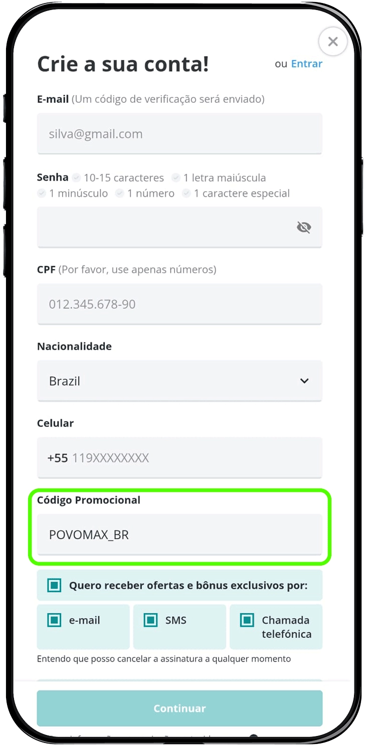 Formulário de cadastro na Novibet com o código promocional POVOMAX_BR