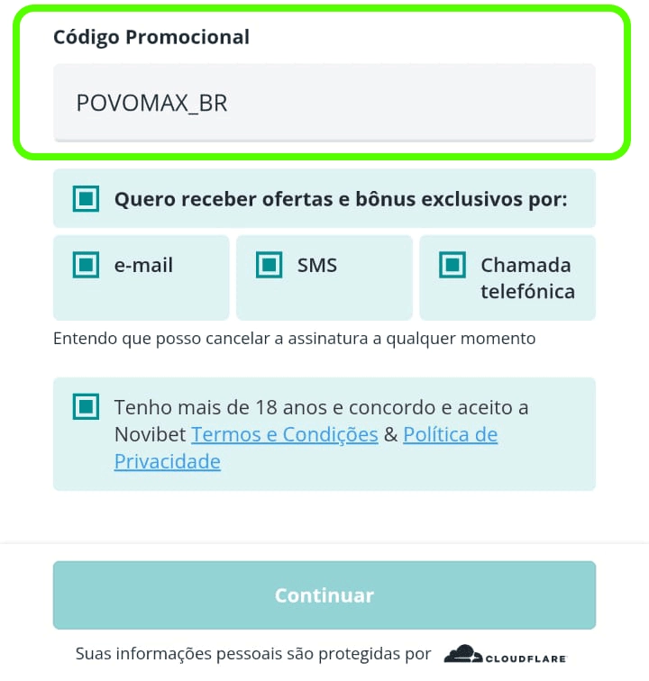 Inserindo o código promocional da Novibet POVOMAX_BR no cadastro