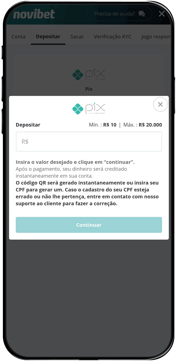 Seção de depósito via Pix na Novibet