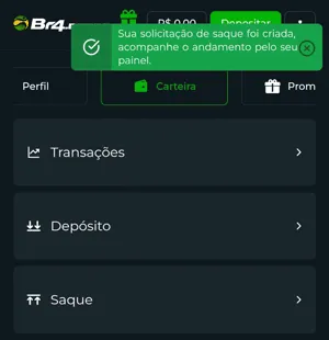 Notificação de confirmação de saque na Br4Bet