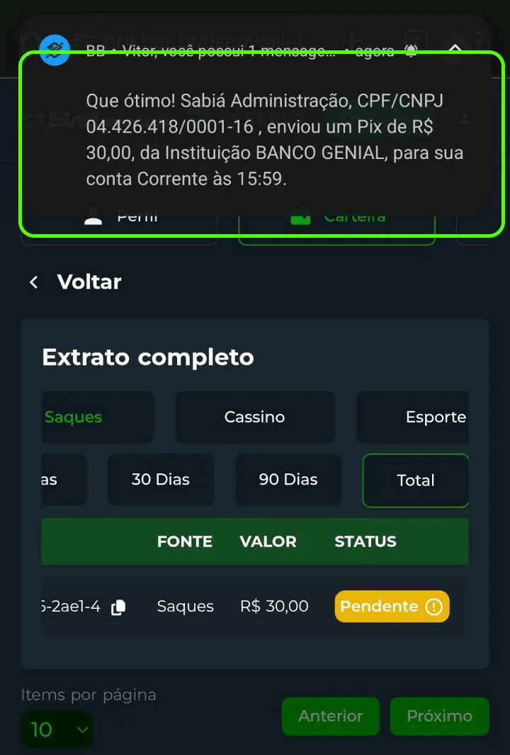 Comprovante de saque na Br4Bet em conta do Banco do Brasil