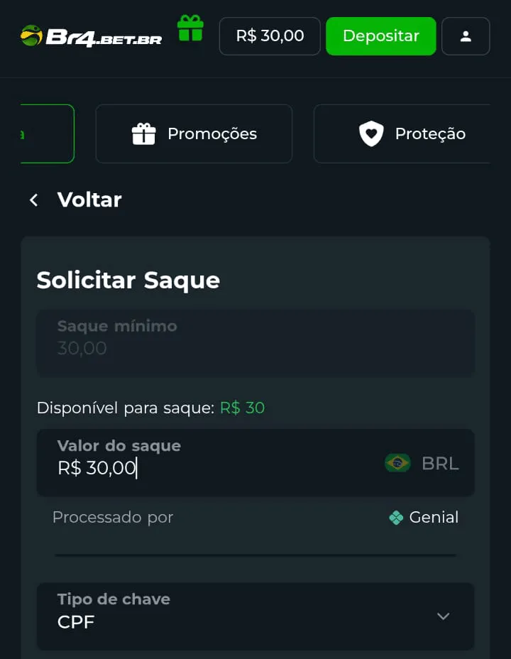 Interface de saque via Pix da Br4Bet