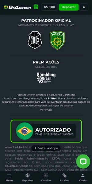 Rodapé do site da Br4Bet com certificações e patrocínios