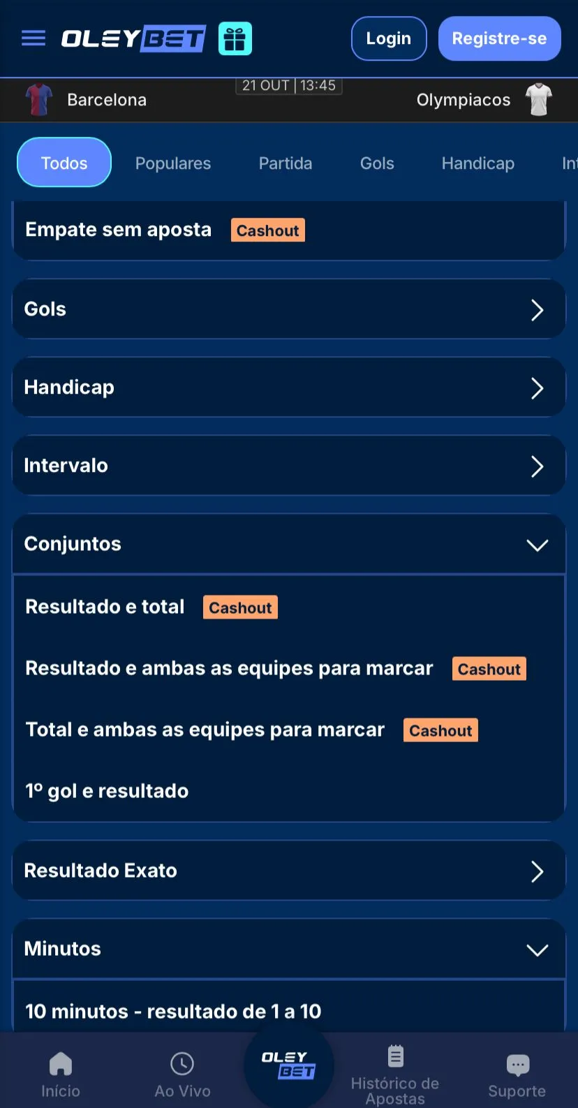 Interface inicial da Oleybet em português