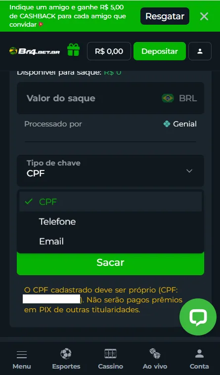 Saques na plataforma Br4Bet
