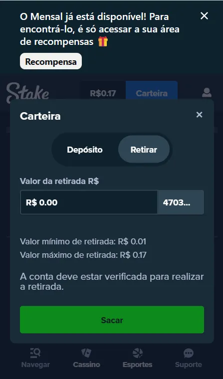 Saques na plataforma Stake