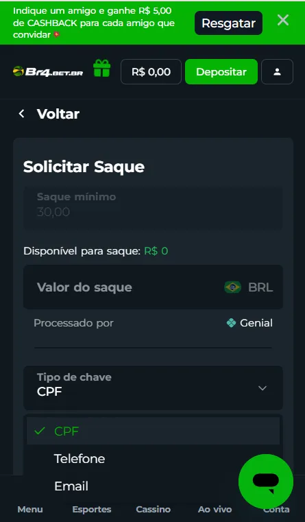 Solicitando saque na Br4Bet