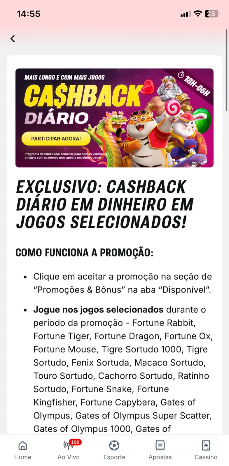 Promoção de Cashback para cassino da Superbet