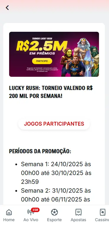 Torneio Lucky Rush disponível com o código de indicação da Superbet