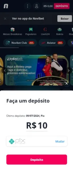 Depósito na Novibet