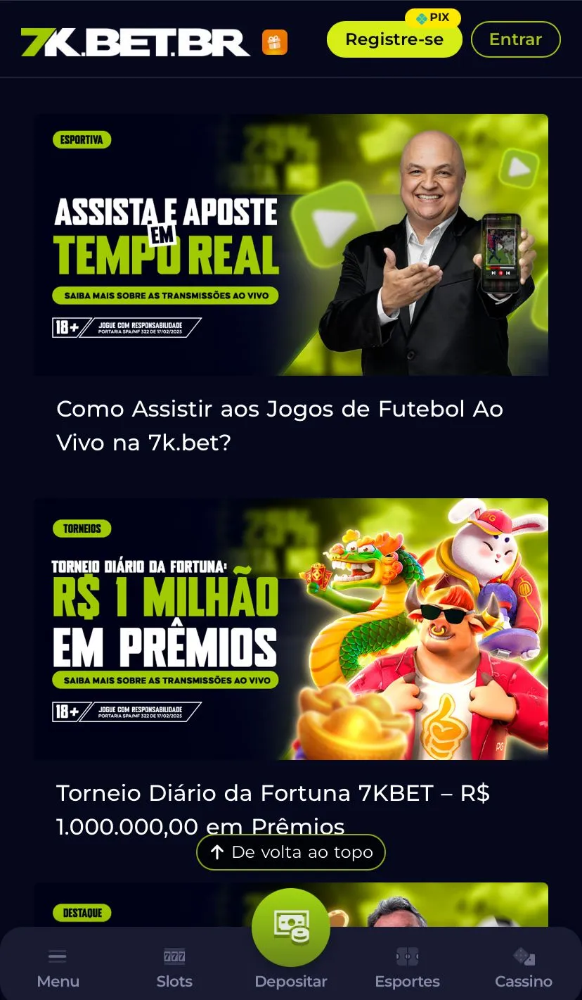 Homepage da Bet7k via mobile, plataforma nova pagando hoje