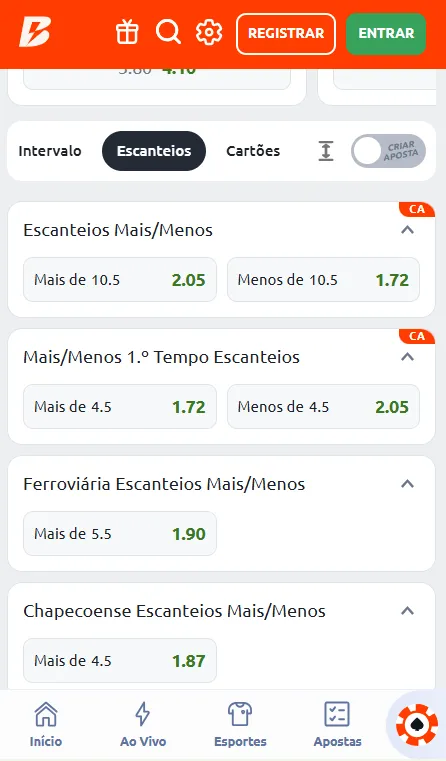 Aposta em escanteios na Betano

