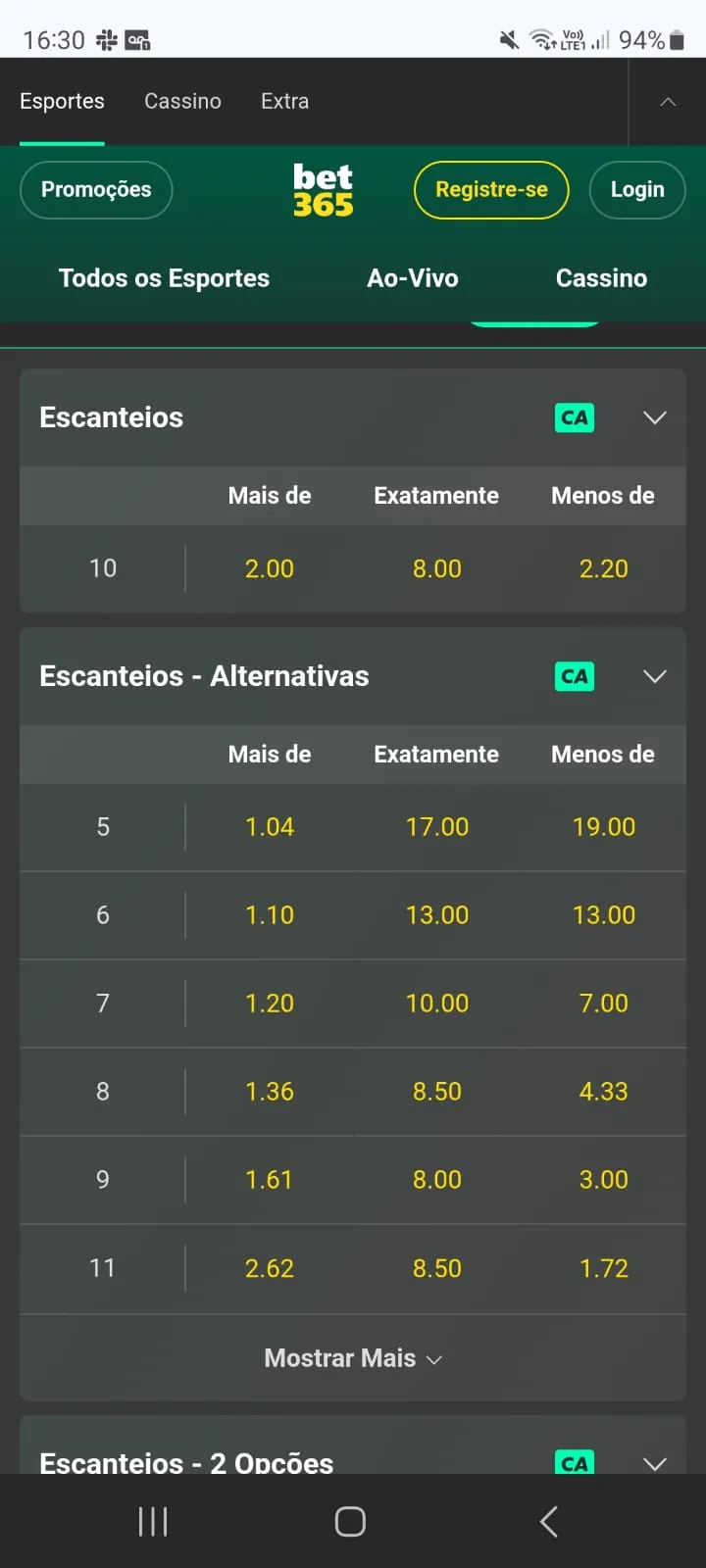 Escanteios na bet365
