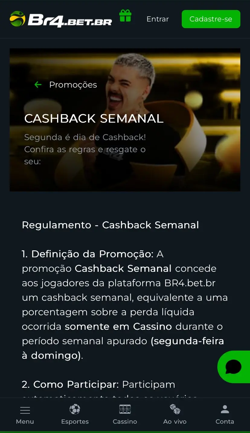 Promoção de Cashback semanal da Br4bet com o código da Br4bet