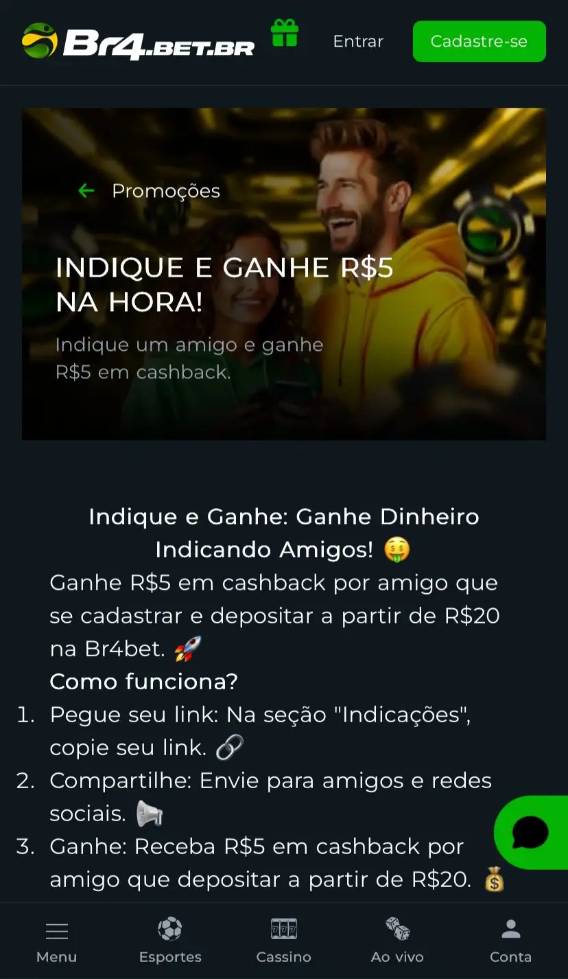 Oferta Indique e Ganhe da Br4bet liberada com o código bônus Br4bet