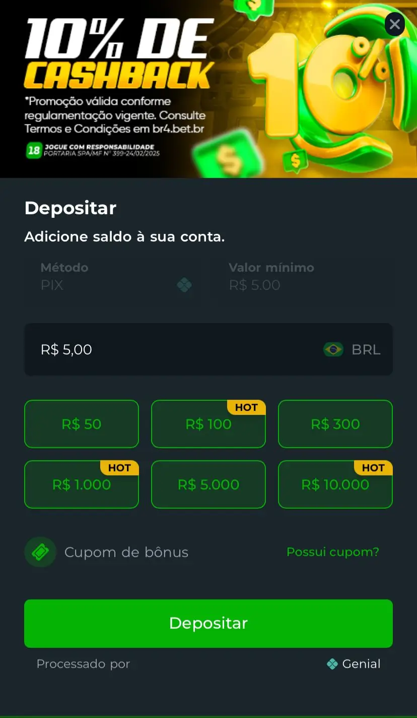 Depósito usando o código promocional Br4bet
