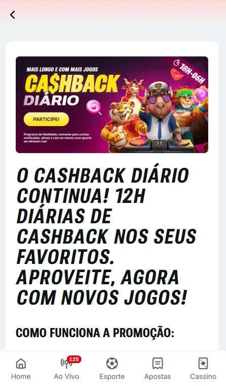 Cashback diário na Superbet