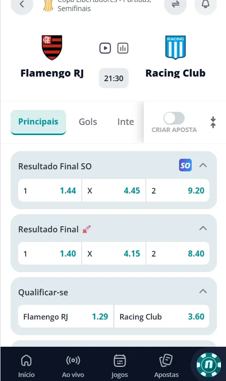 Flamengo e Racing na Novibet para apostar em Chance Dupla