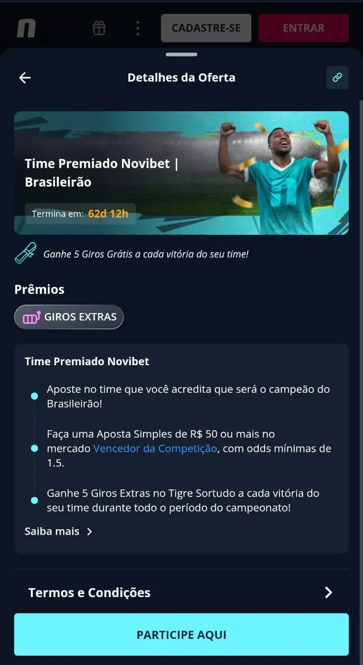 Time Premiado disponível com o cupom da Novibet