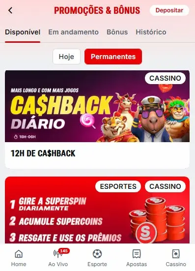 Captura de tela exibe o cashback Superbet na aba de Promoções & Bônus Superbet.