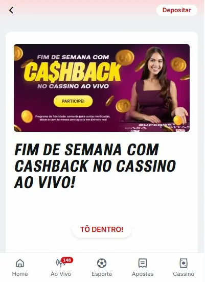Captura de tela da promoção de cashback Superbet aos fins de semana no cassino ao vivo.