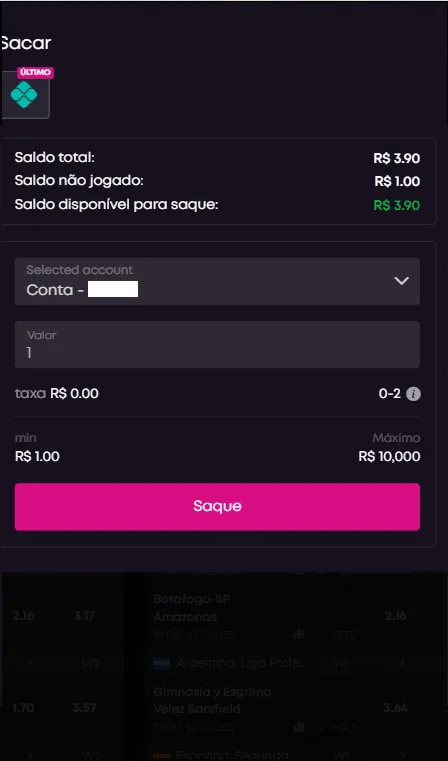 seleção de conta e valor