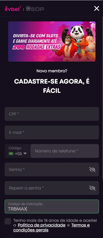Cadastro para o Vbet cashback
