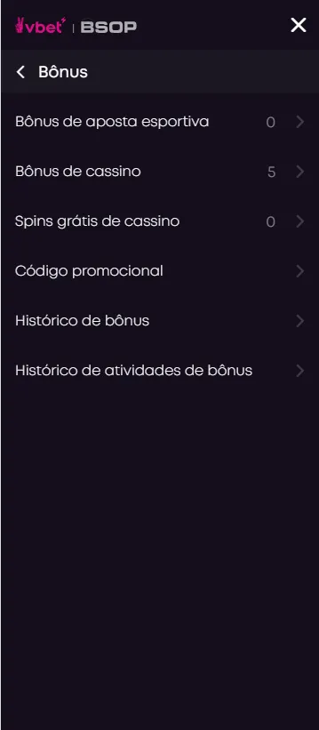 Menu do cashback Vbet
