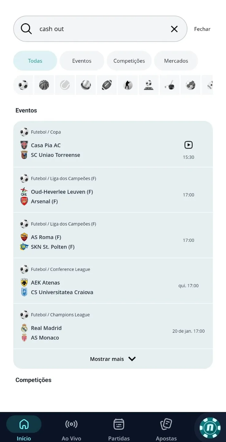 Captura de tela mostra seções de cash out disponíveis na Novibet no app